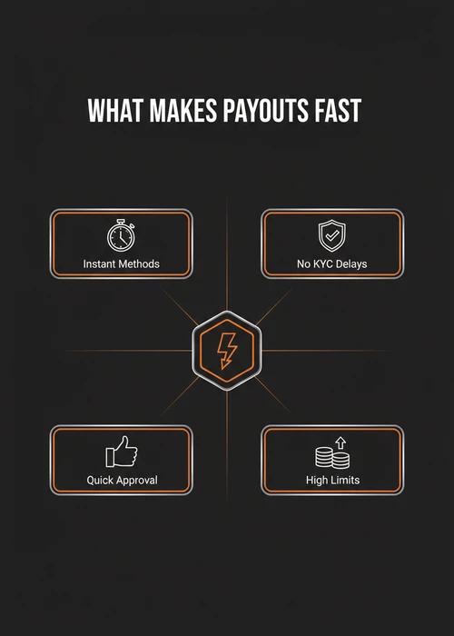 What makes payouts fast at a fast withdrawal casino — instant methods, no KYC delays, quick approval and high limits.