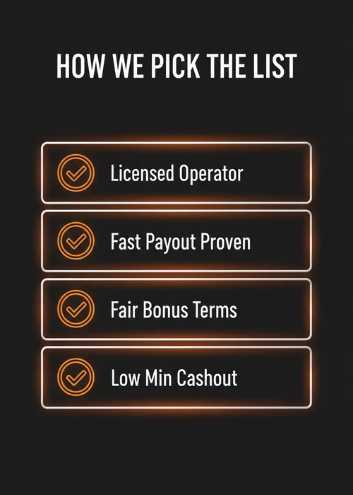 How we pick the fast withdrawal casino list — licensed operator, fast payout proven, fair bonus terms and low min cashout.