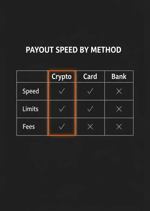 Payout speed by method at the best fast withdrawal casino — crypto, PayID, card and bank on speed, limits and fees.
