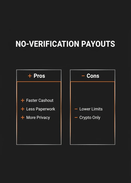 No-verification payouts at a fast withdrawal casino — faster cashout, less paperwork and more privacy versus lower limits and crypto only.