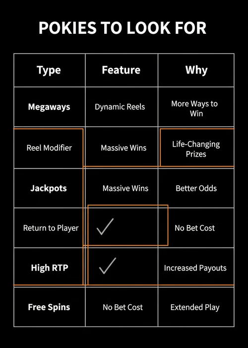 Pokies to look for at a fast withdrawal casino — Megaways, jackpots, high RTP and free spins compared by type.