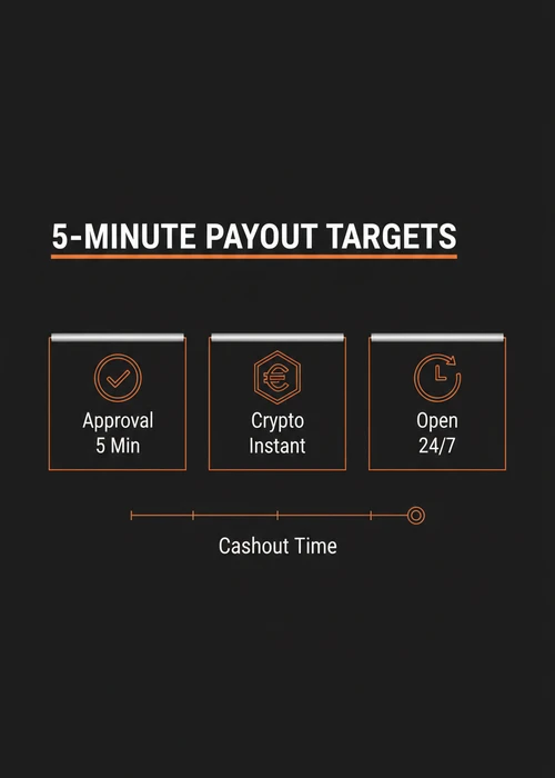 5-minute payout targets at a fast withdrawal casino — approval 5 min, crypto instant and open 24/7 with a cashout timer.